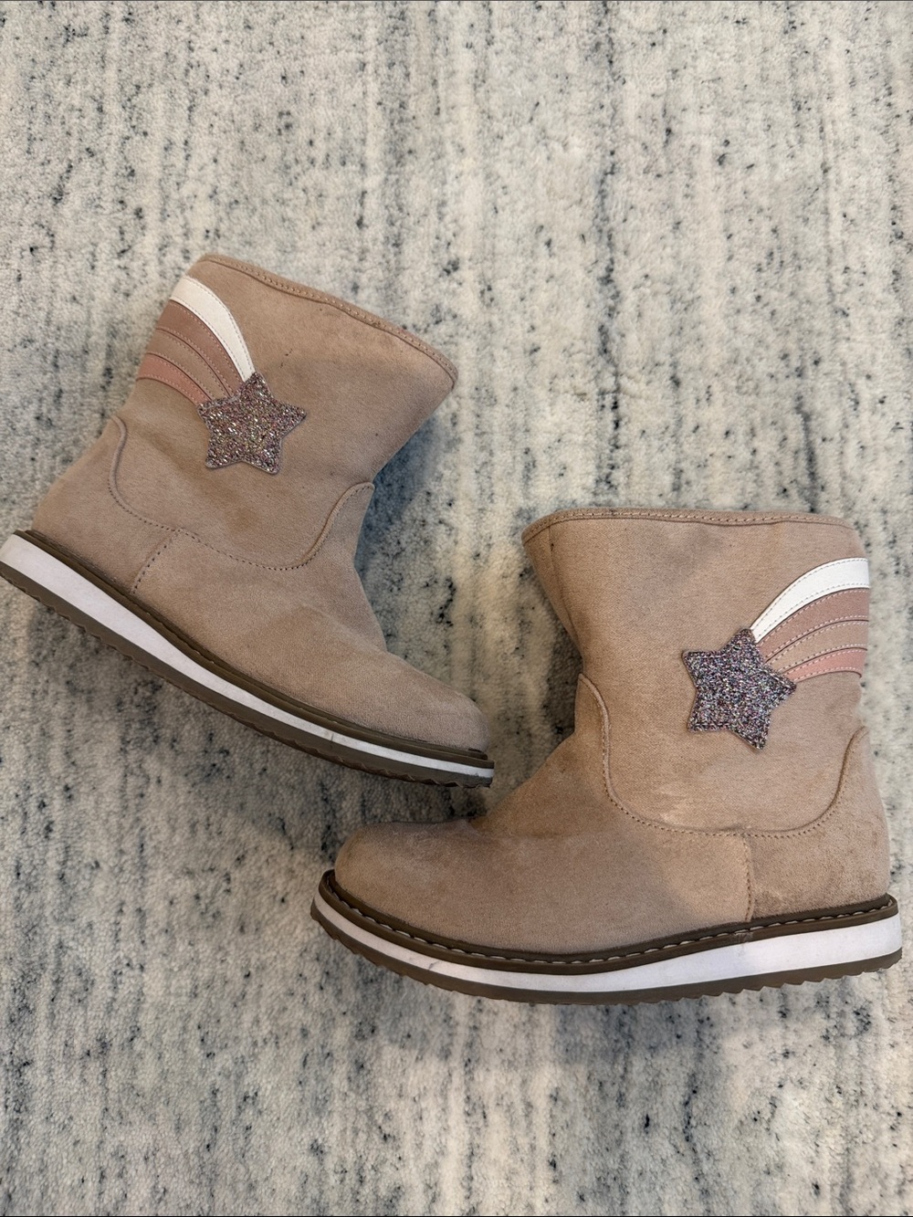 Cat & Jack Beige Suede Kids Boots with Pink & White Stripe Accents